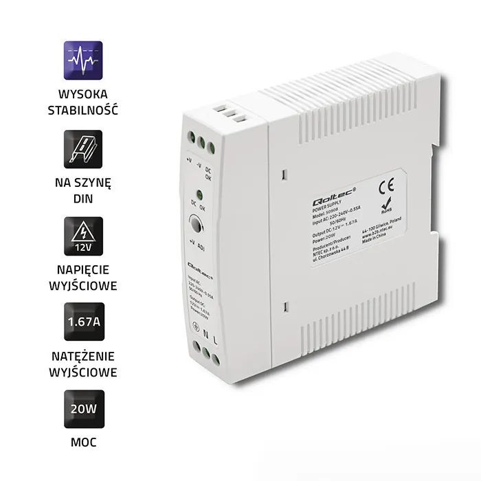 Zasilacz na szynę DIN SLIM 12V 20W 1.67A Qoltec 50908