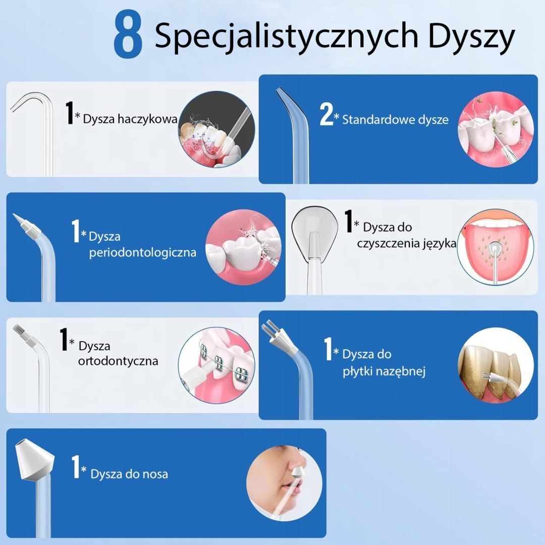 Irygator Do Zębów Bezprzewodowy Dentystyczny 4 Tryby 320Ml 8 Końcówek