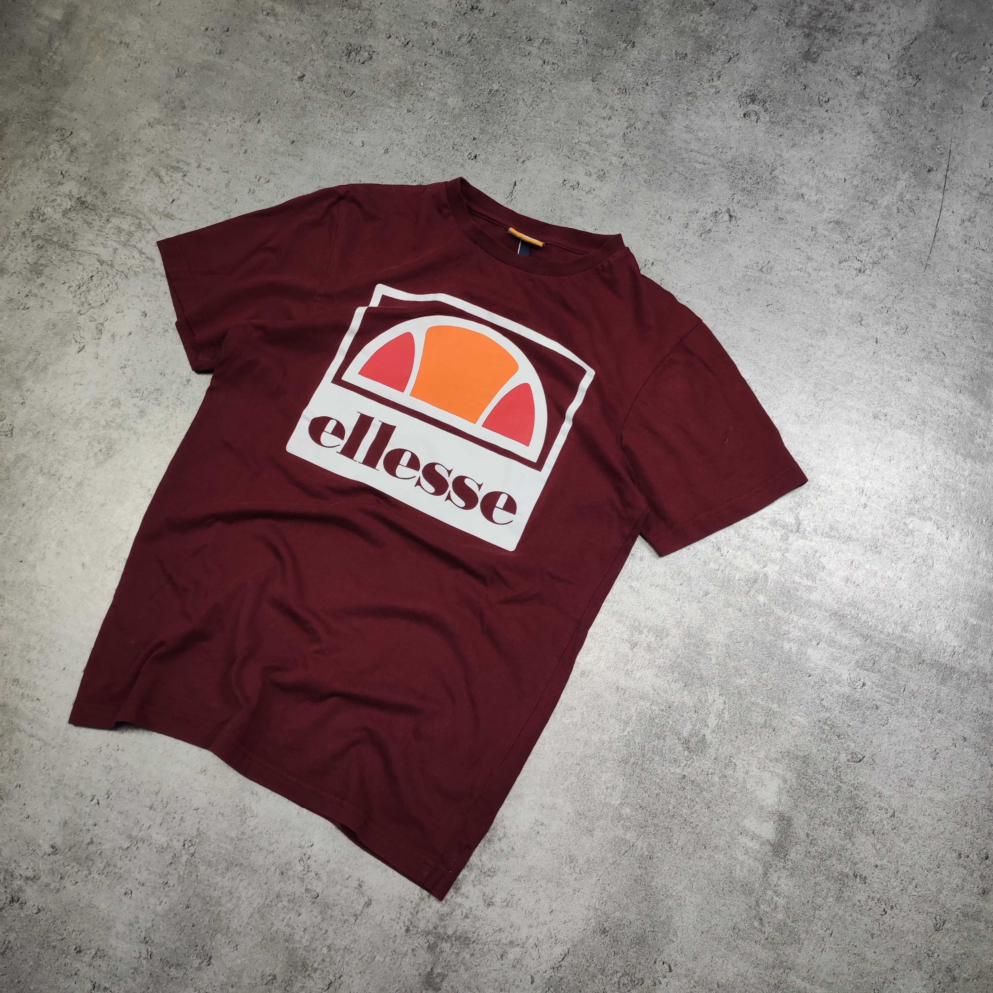 MĘSKA Koszulka Sportowa Bawełna PREMIUM Duże Logo Bordowa Ellesse