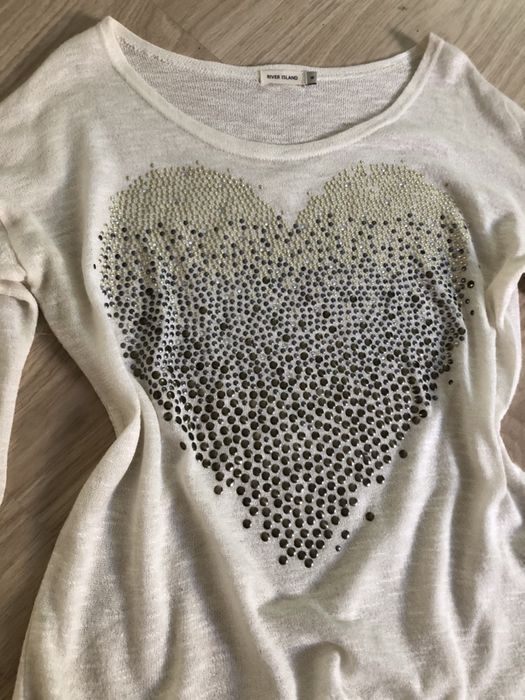 Bluzka koszulka River Island xs 34 xxs 32 ćwieki serce cyrkonie ecru