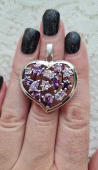 Массивный кулон подвес сердце, фиолетовые цирконы, серебро 925 пробы