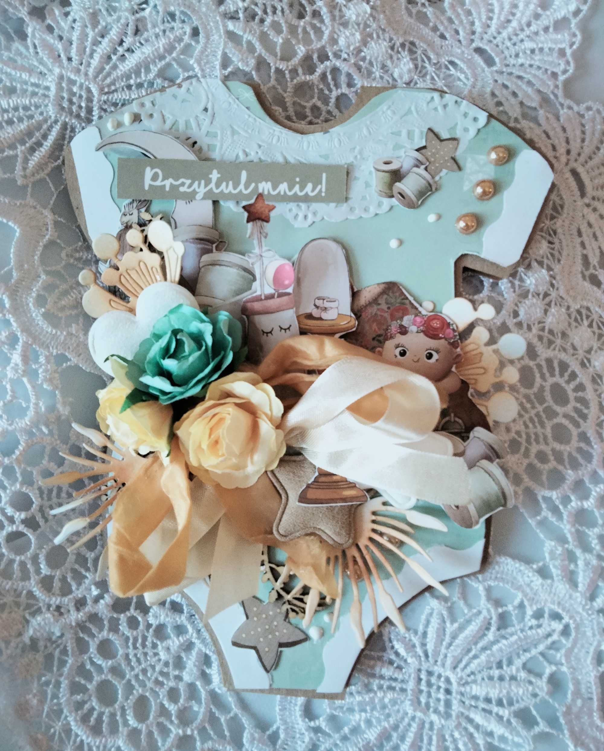 Kartka na Chrzest Roczek Narodziny handmade bodziak dowolny napis