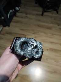 Brązowy Skórzany Pasek Pas z metalową klamrą w kształcie Węża