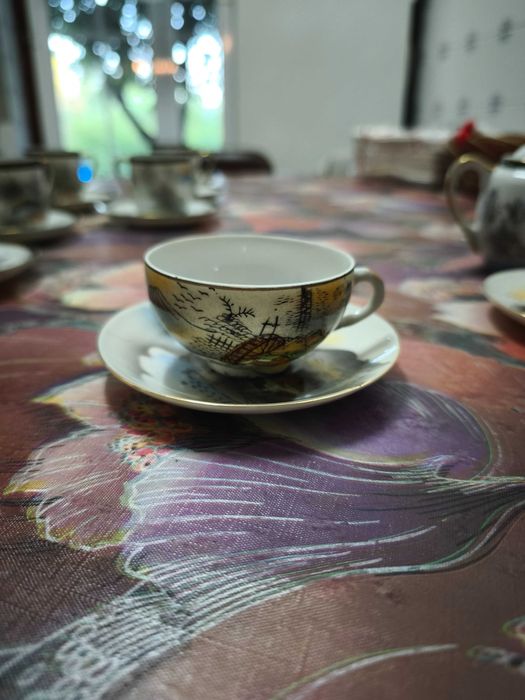 Serviço de café em porcelana pintada à mão – Monte Fuji (anos 50–70)