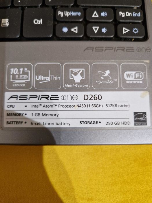 Laptop 10"  Aspire One D260 Intel Atom N450 1GB RAM HDD 250GB