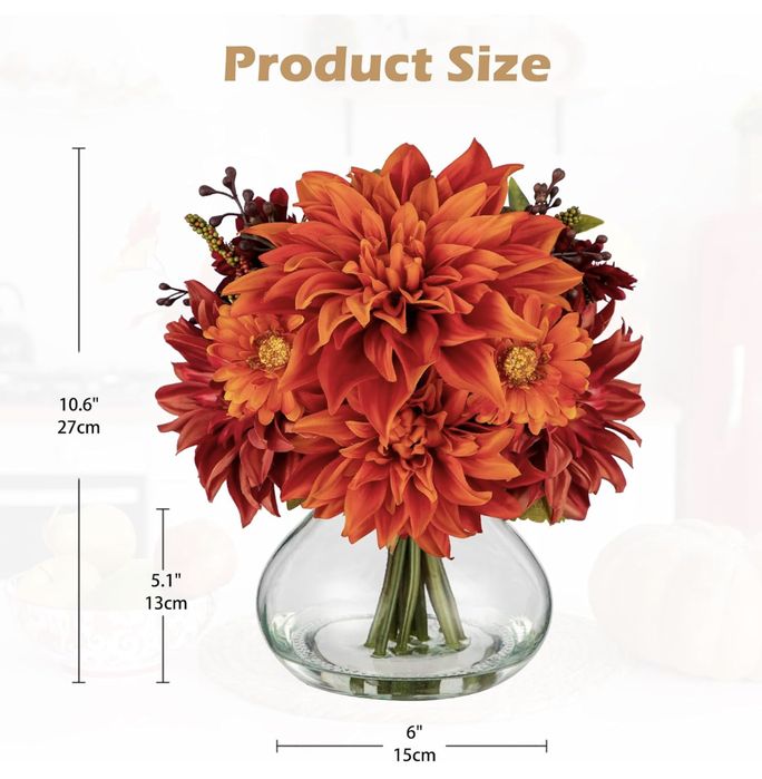 Dekoracyjne sztuczny bukiet dalii w szklanym wazonie 15x13cmx27cm