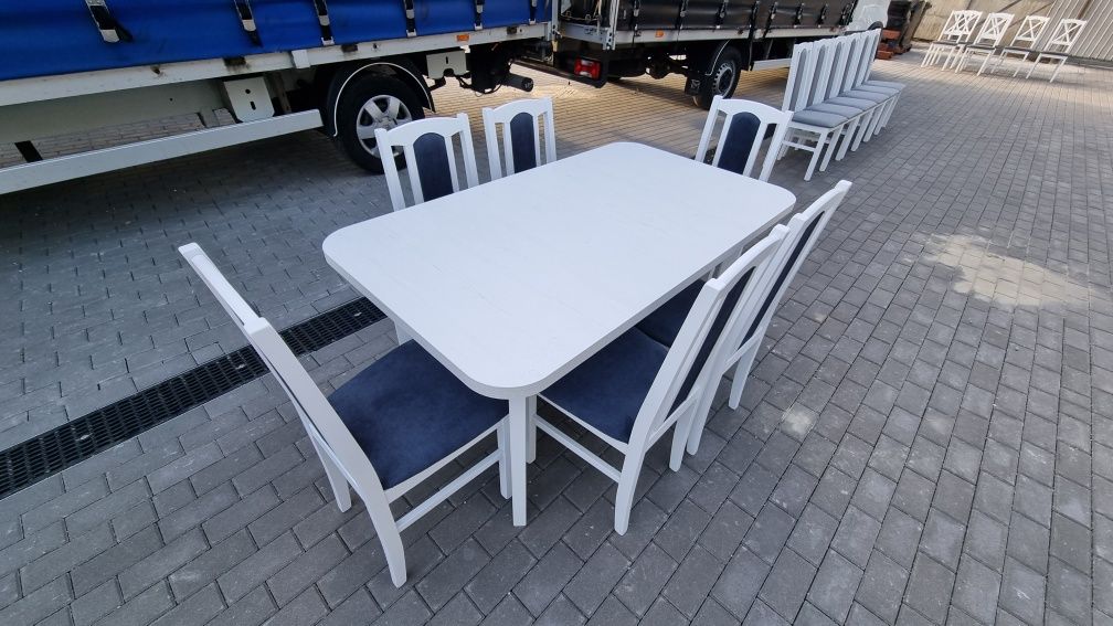 Stół 80x140/180 + 6 krzeseł, biały+metaliczny granatowy, dostawa PL
