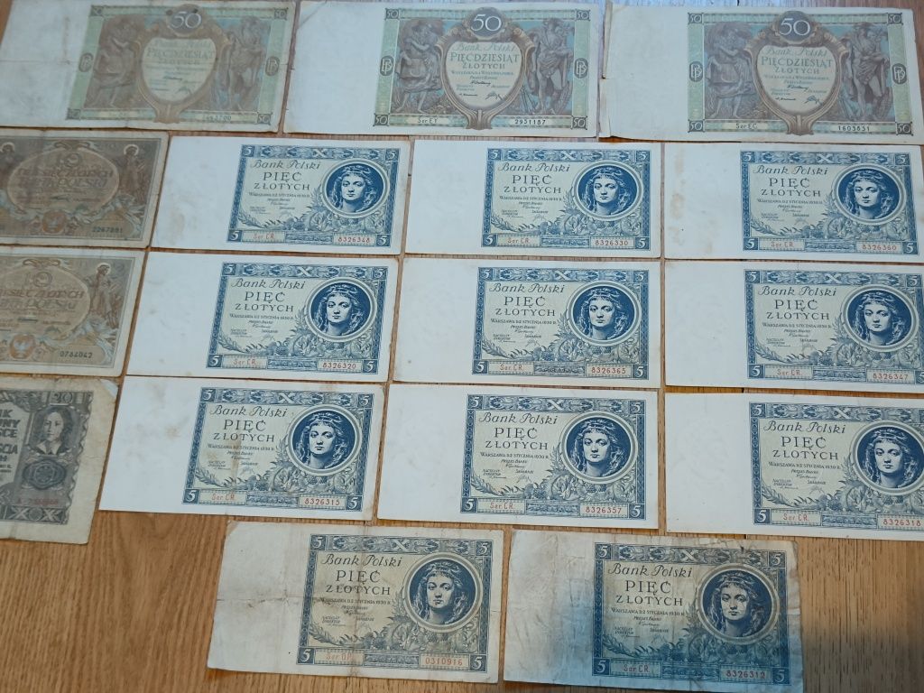 Stare Przedwojenne Zabytkowe Banknoty Bank Polski Vintage 1926r 1930r