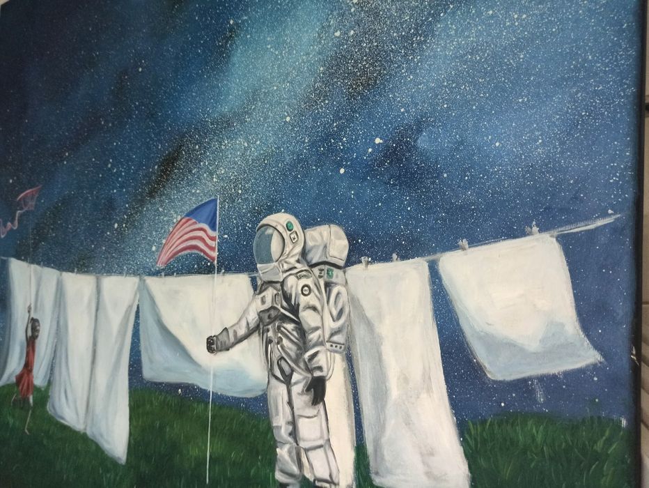 Obraz olejny duży surrealistyczny poziomy 100x80cm kosmos galaktyka