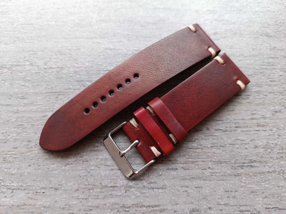 Skórzany pasek zegarka 22 mm ciemna czerwień/bordo S/M