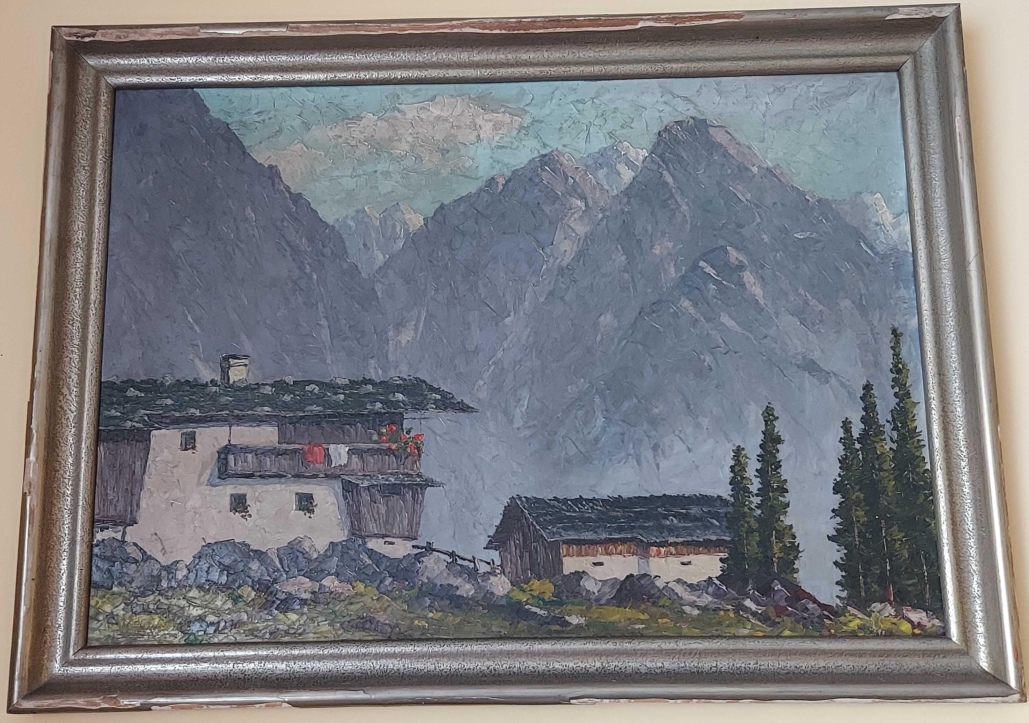 Obraz malowany na płótnie "Dom w Alpach", sygnowany.