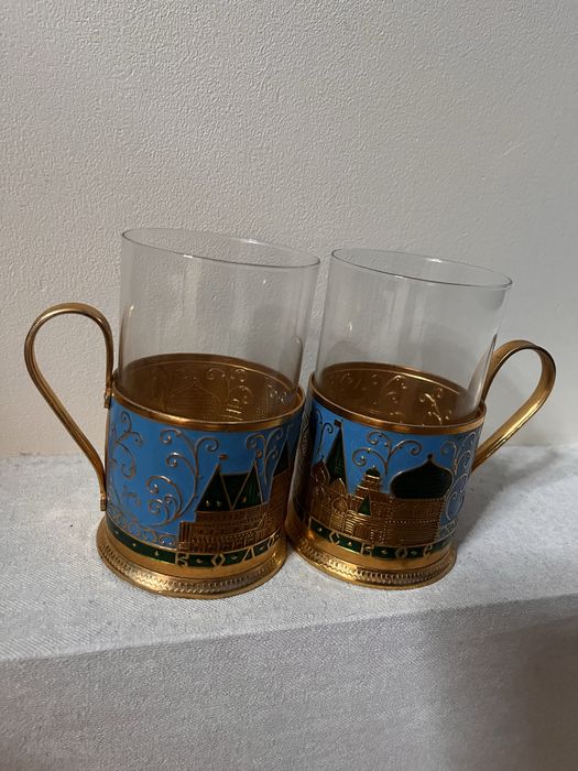 Szklanki w metalowych koszyczkach vintage ZSRR