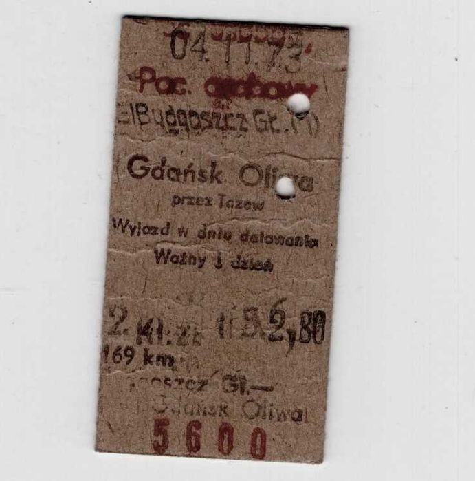 Bilet kolejowy PKP Bydgoscz Gł. Gdańsk Oliwa p. Tczew 4 listopada 1973