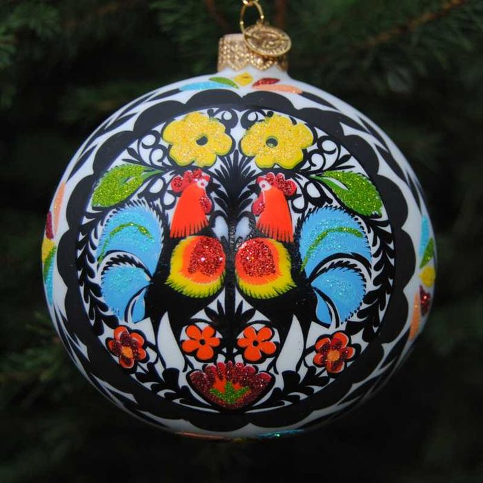 Bombka wycinanki łowickie 2 koguty - rękodzieło od Bombkarnia