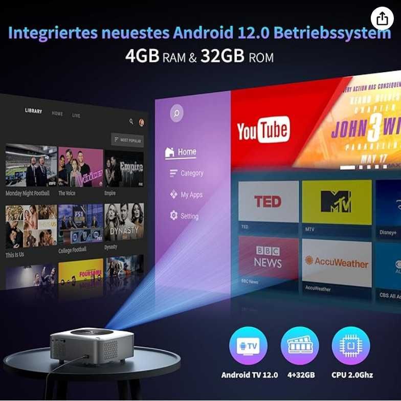 Sainellor Projektor 4K Android 12.0 GB RAM 32 GB ROM, WiFi 6,BT 5.0,4K
