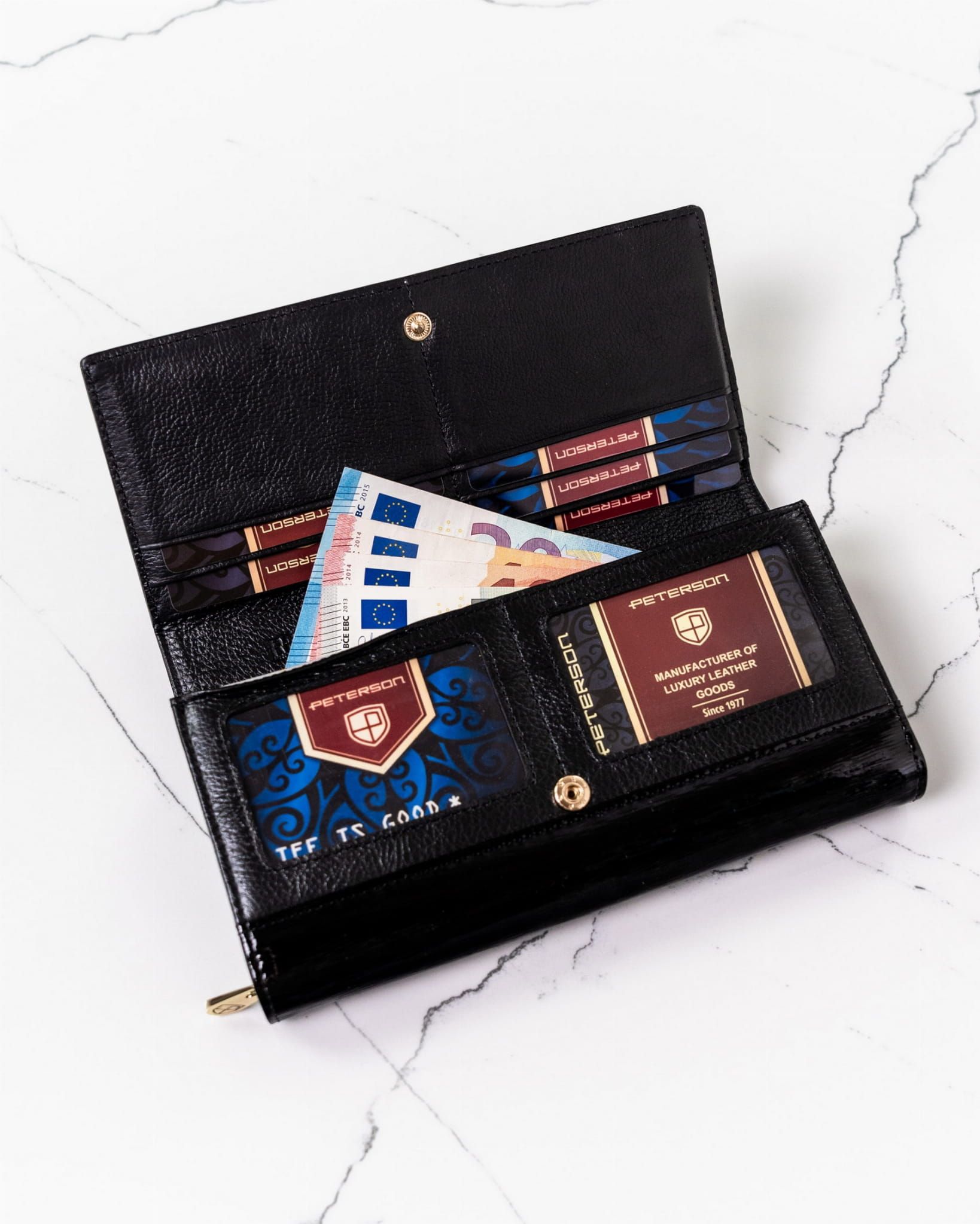 PETERSON portfel damski skórzany elegancki lakierowany P213 czarny