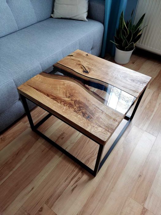 Stolik kawowy dębowy niski 45cm loftowy vintage ze szkłem kwadratowy