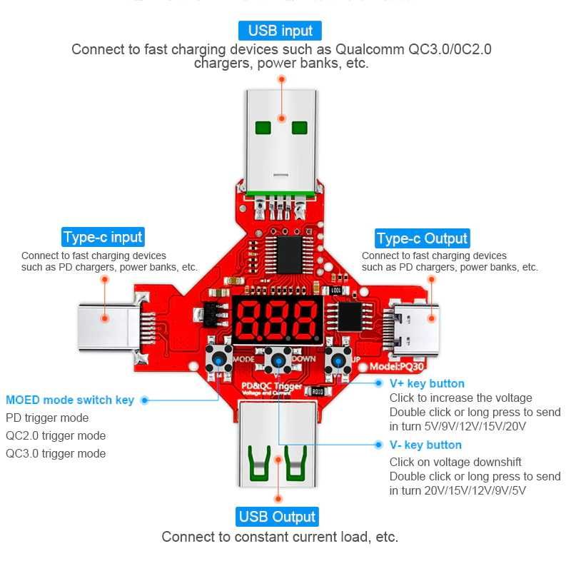 Внешний USB триггер c QC3.0/PD нагрузка юсб тестер крокодил J7-С FX-35