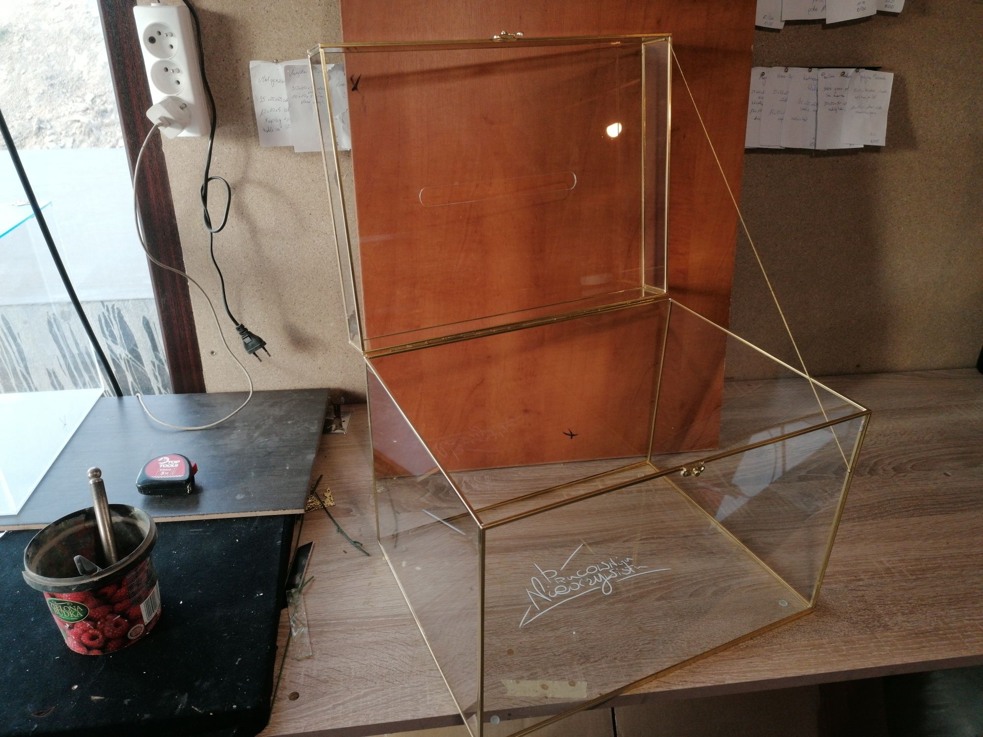 Pudełko szklane złote ślub na kartki koperty skarbona skrzynka pudło