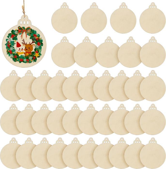 Zestaw 40 Drewnianych Ozdób Choinkowych do Malowania i 5m Liny Jutowej