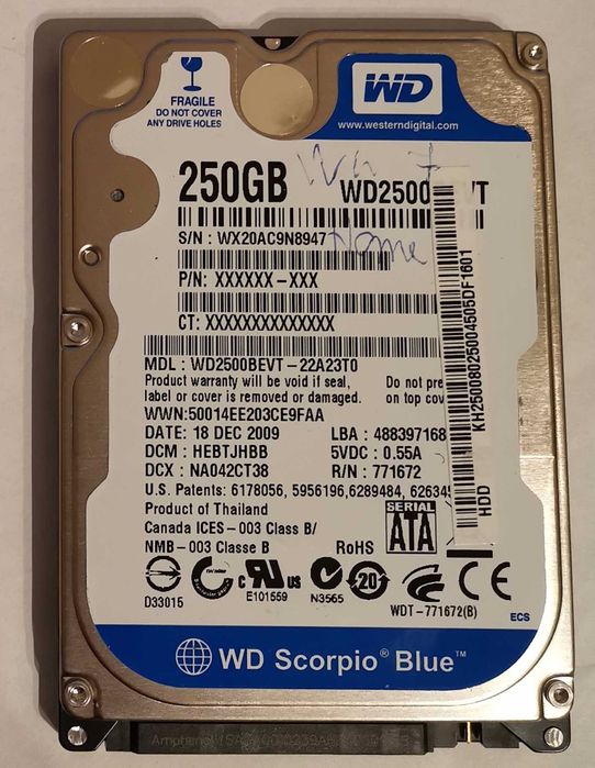 HD SATA 2.5" 500 GB, 320 GB, 250 GB, 80GB