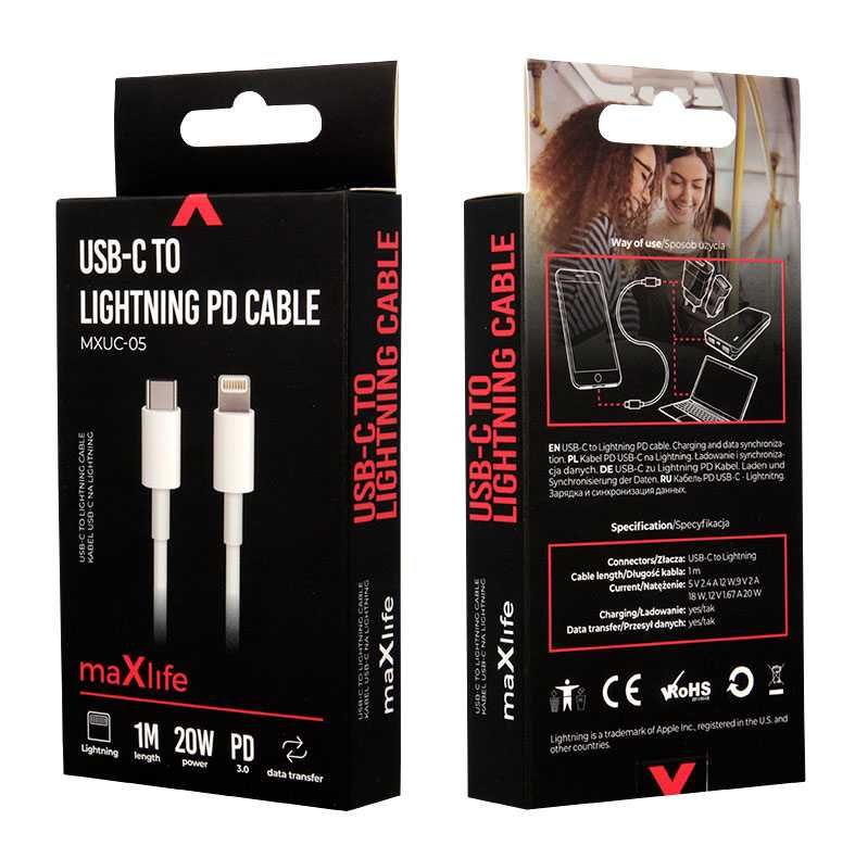 Kabel Maxlife USB-C - Lightning 1,0 m 20W kolor: biały