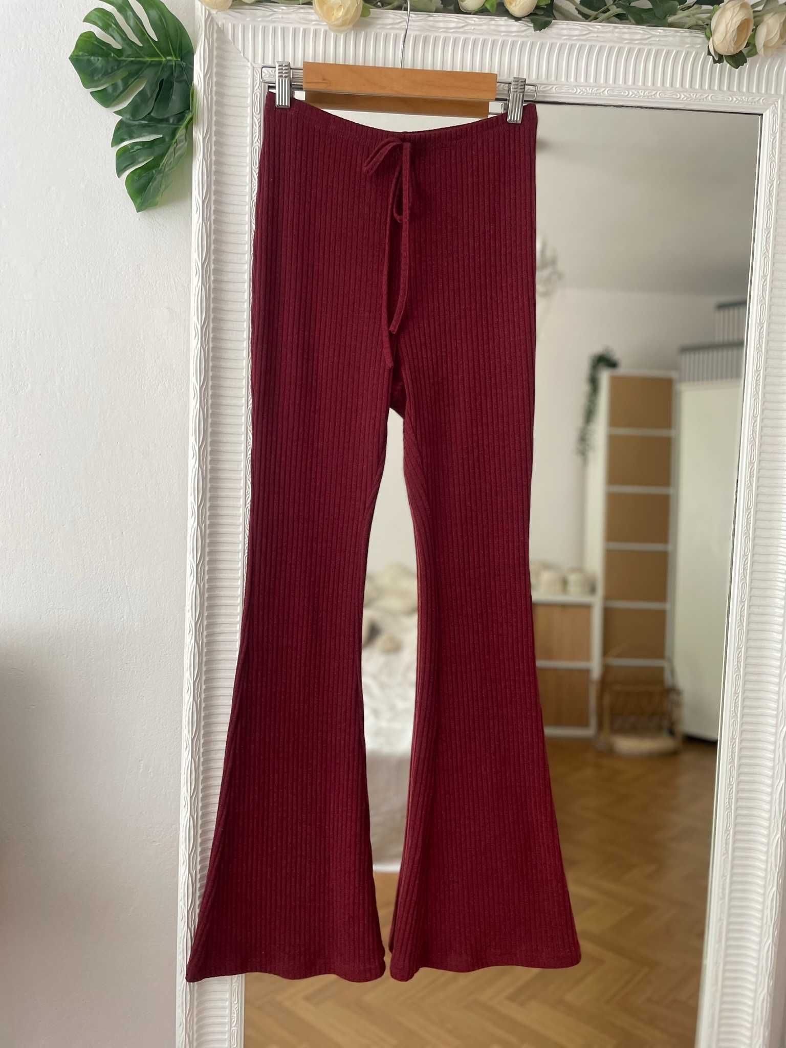 Shein spodnie flare bordowe dzwony dzianinowe wysoki stan y2k S 36
