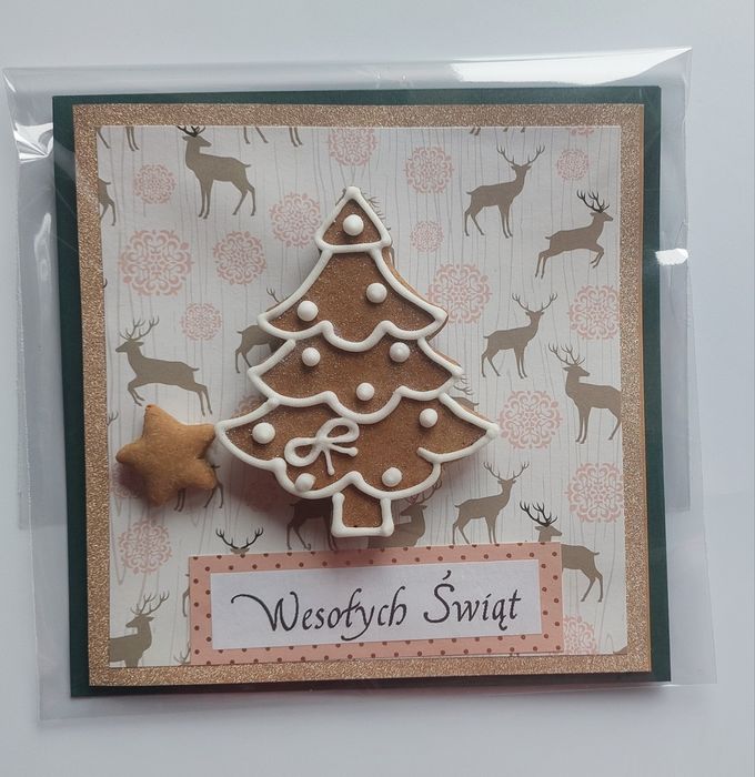 Kartka z Piernikiem Gwiazdka Choinka Prezent Podziękowanie Mikołajki