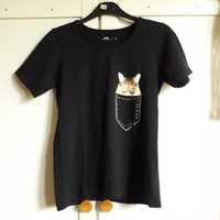 Czarny t-shirt damski z kotem - rozmiar S bawełna