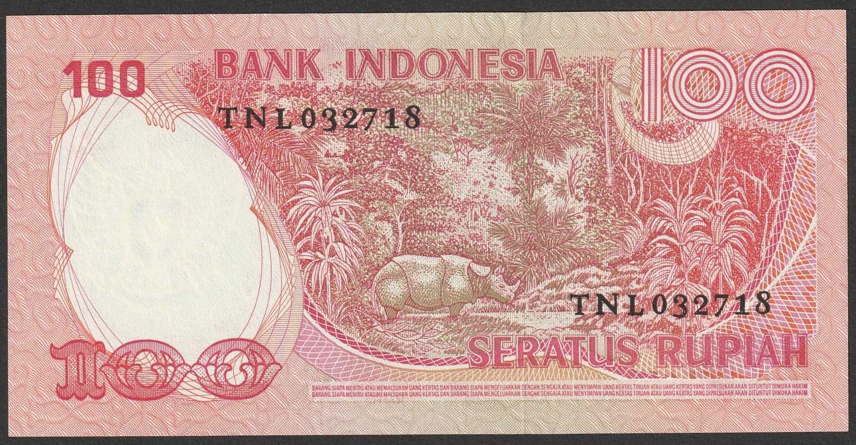 Indonezja 100 rupiah 1977 - NOSOROŻEC - stan bankowy UNC