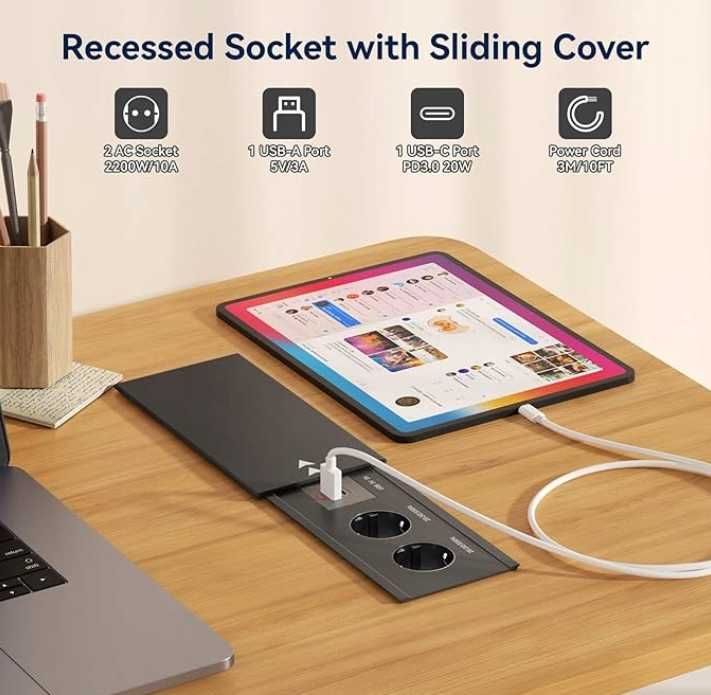 Gniazdko do Zabudowy 2 Gniazda USB C PD20 W Kabel 3m Czarne
