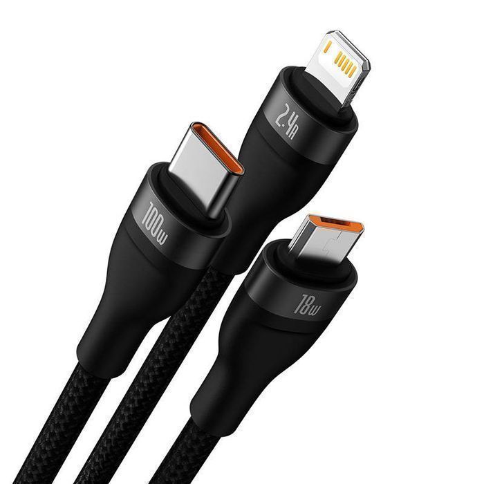 Kabel USB 3w1 Baseus Flash Series, USB-C + micro USB + Lightning, 100W