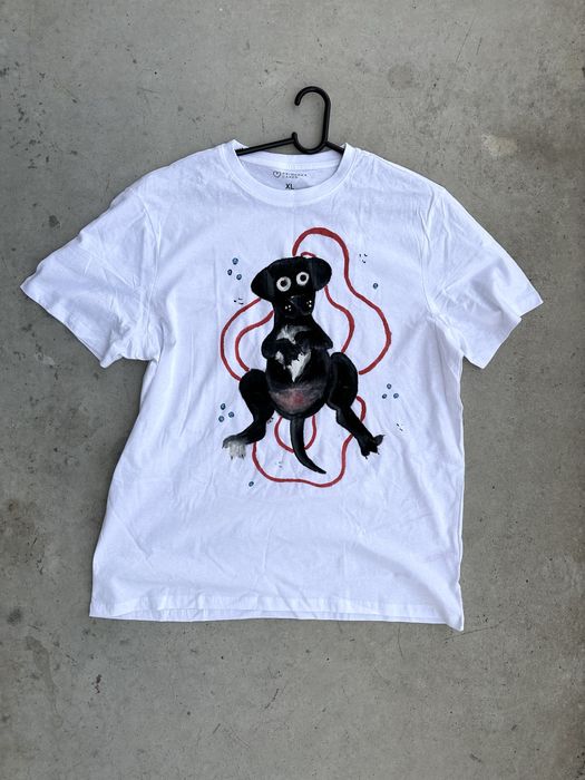 Bawełniana biała koszulka ilustracja czarny pies psiara handmade