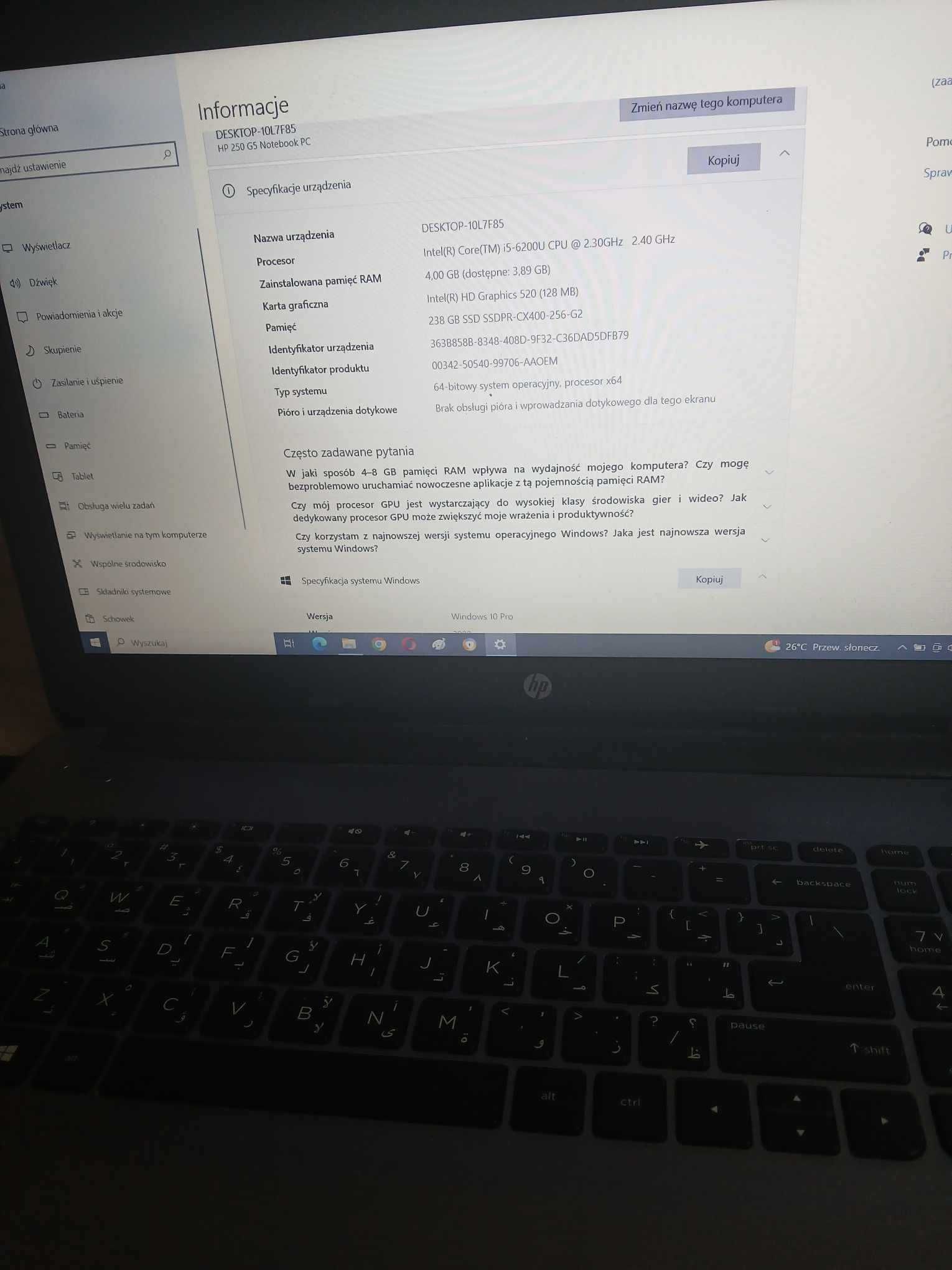 Laptop notebook HP 250 G5 intel core i5 4gb ram 256gb ssd win 10 pro