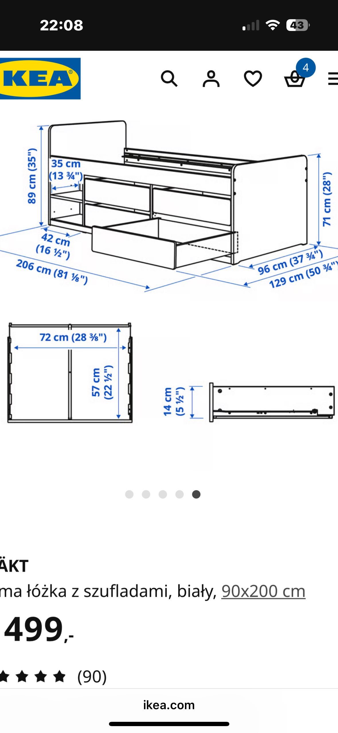 SLÄKT ikea łóżko z szufladami, biały, 90x200 cm