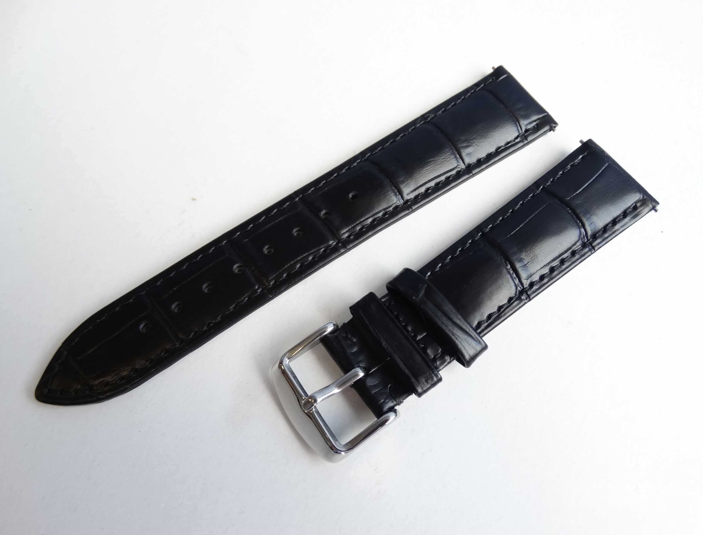 Pasek skórzany 20mm do zegarka czarny kroko z klamrą ze stali 316L
