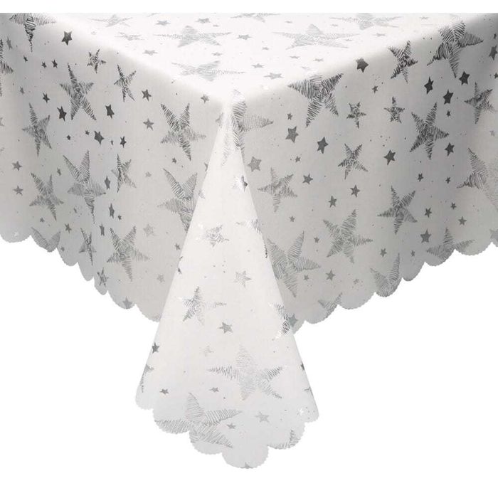 Obrus Świąteczny, Bożonarodzeniowy GWIAZDY 140x110 cm Srebrny