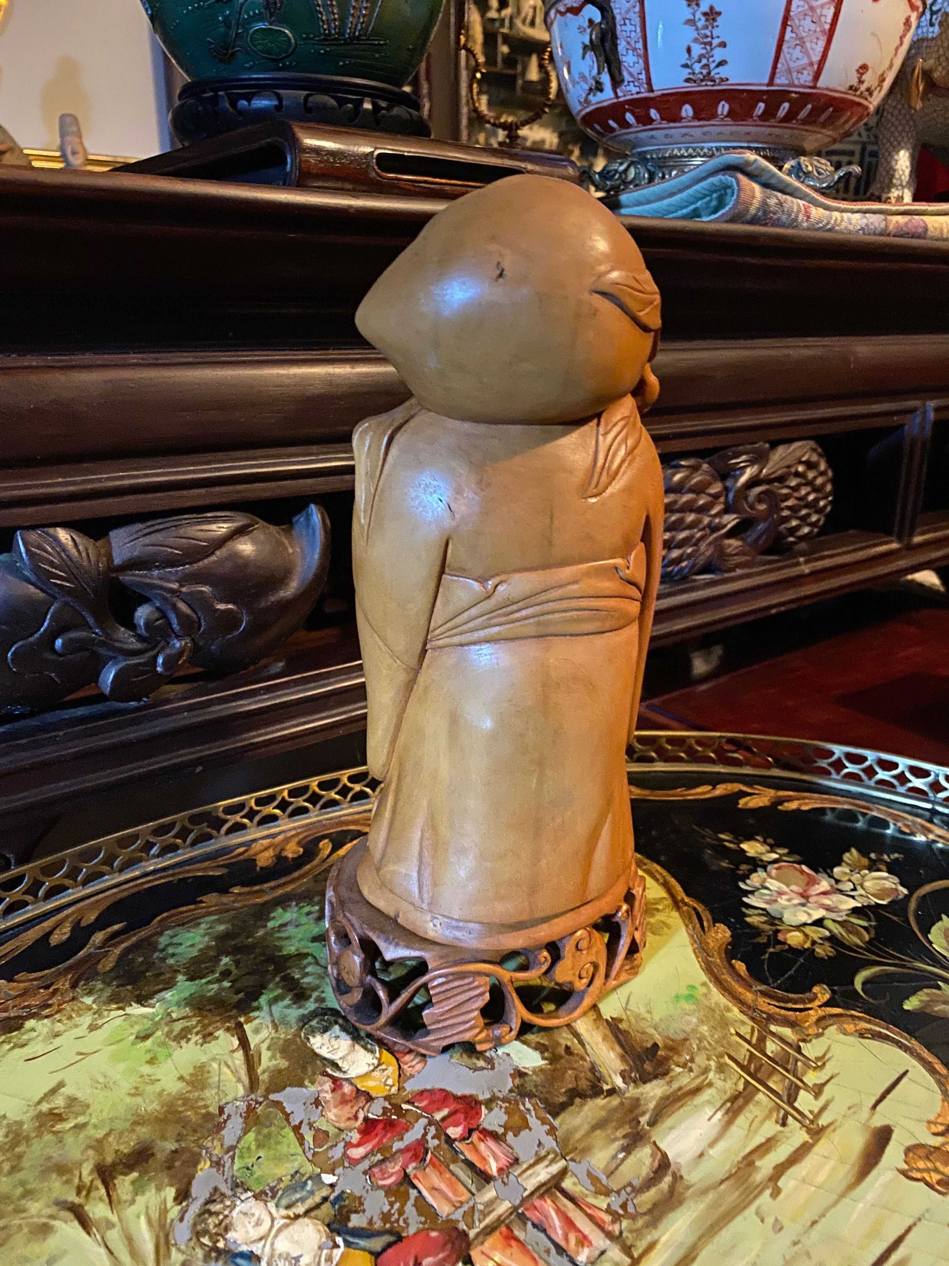 Escultura Buda Divindade Madeira exótica Buxo Antiga China  29 cm
