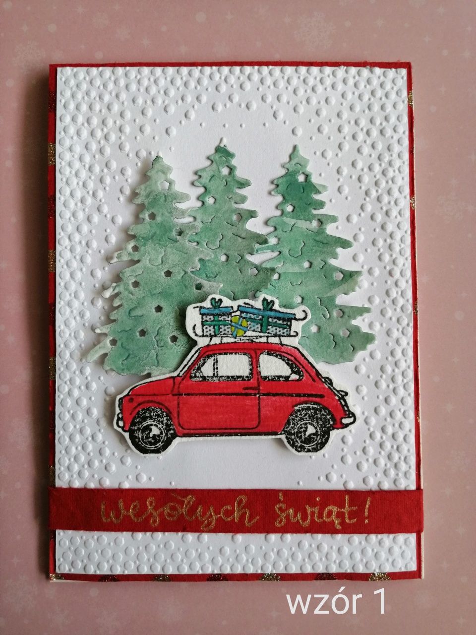 Kartka ręcznie robiona Boże Narodzenie z samochodem (czerwonym)