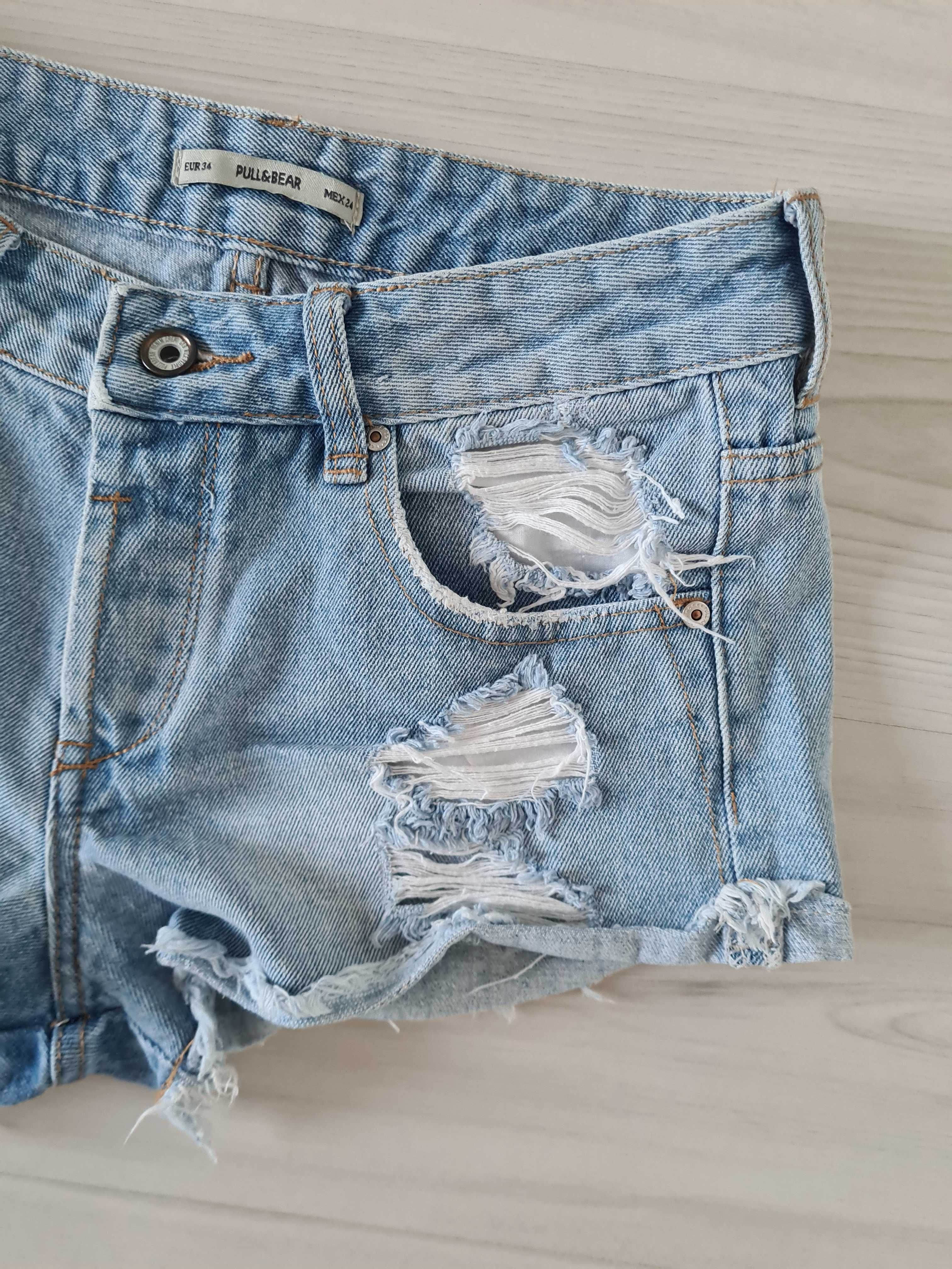 Jeansowe szorty przecierane 34 wysoki stan spodenki jeans s pull bear