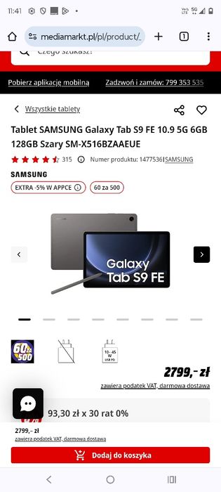 Nowy Samsung Galaxy TAB S9FE 5G 128gb komplet