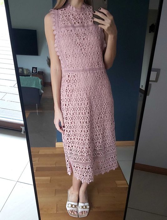 Sukienka, elegancka, ażurowa, brudny róż.