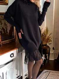 Sweter sukienka swetrowa tunika czarna golf MMK koronka polski premium
