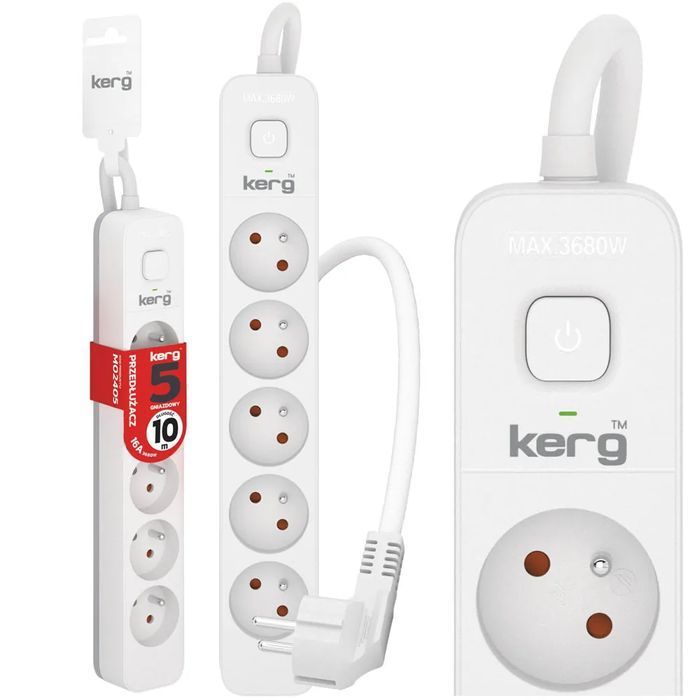 Przedłużacz Kerg z wyłącznikiem 5 gniazd z uziemieniem 10m 16A M02405