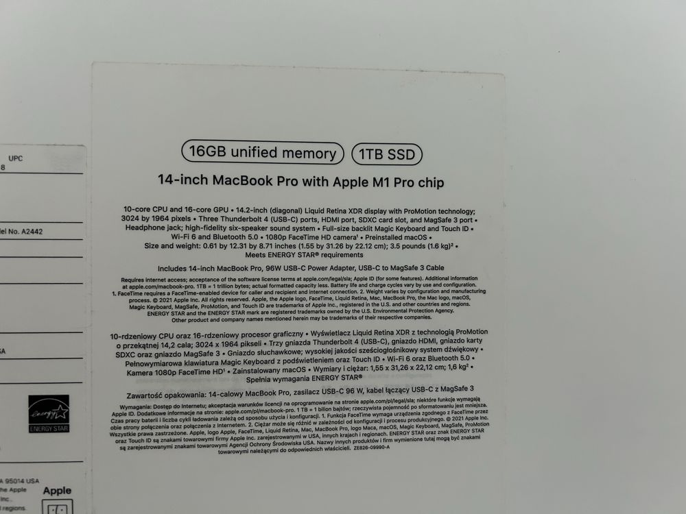 Macbook Pro 14 M1 PRO | 16GB | 1TB | 10-core CPU |A2442| Idealny