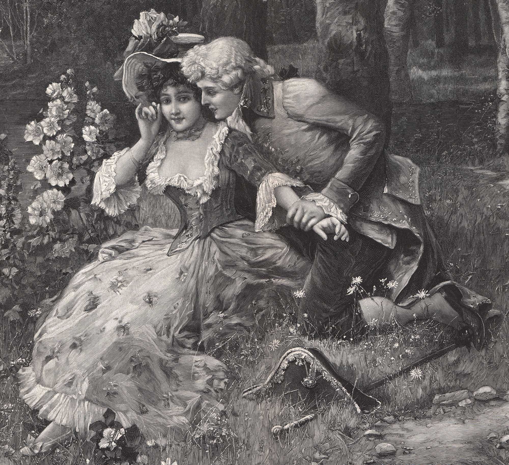 Wilton: Miłosne szepty. Duży efektowny drzeworyt sielankowy 1904 r.