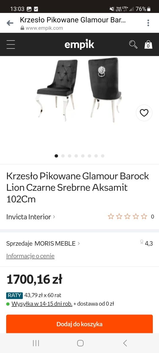 Krzesło glamour czarne welur