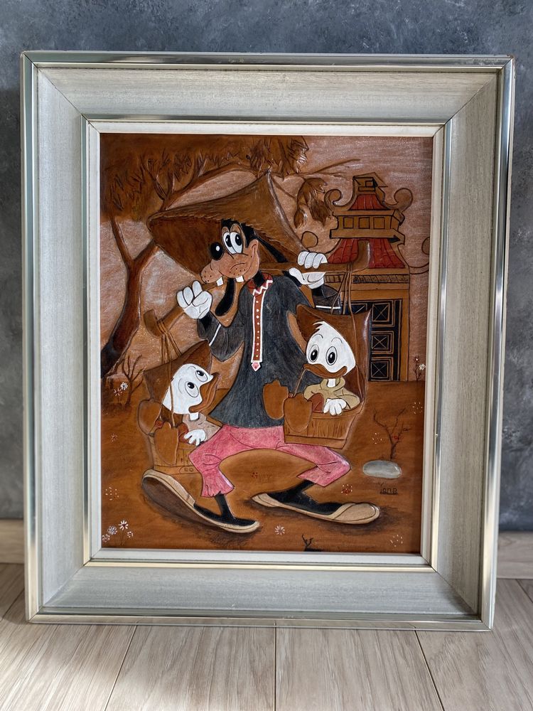 Obraz ze skóry skórzany 3d goofy disney 1982 vintage sztuka ścienna