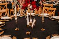 ŚWIECZNIKI złote eleganckie wynajem dekoracja stołu weselnego