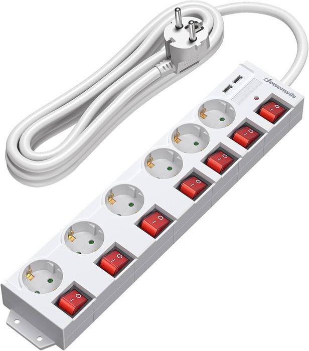 Listwa zasilająca z wejściem USB, 6 gniazdek z przełącznikiem 2m